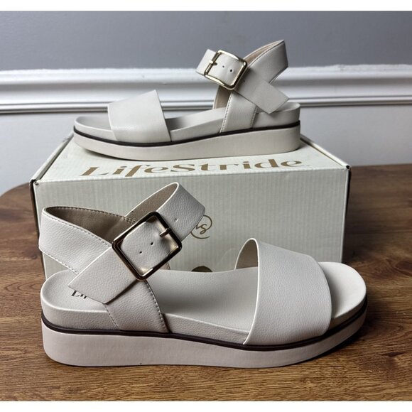 LifeStride Women's Gillian Ankle Strap Sandals Flat White Size 9M - Picture 1 of 8